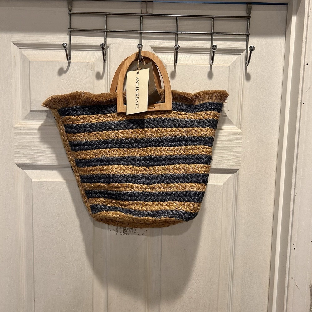 NWT Antik Kraft Navy Blue Stripe Jute Tote Bag Wood Handle Resort Beach Vacation